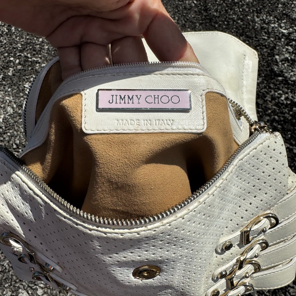 Jimmy Choo Egg Shell White Leather Perforated Shoulder Bag with Buckle Detail - Picture 15 of 17